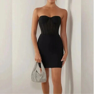 Heiress Beverly Hills Boned Corset Mesh Bodycon Bandeau Mini Dress Black Medium